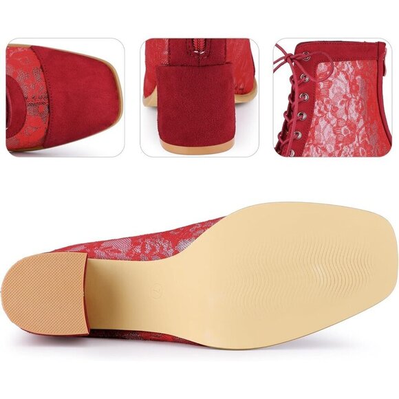 Ankle Boots for Women Red Rubber Lace Up Floral Lace Block Heels for Women - Picture 3 of 6